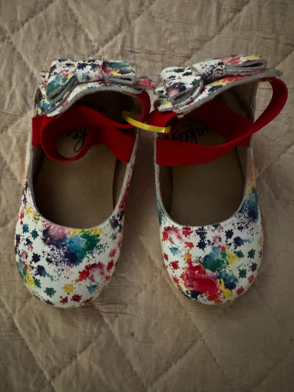 Monkey Feet White Mary Jane Shoes with Red Strap and Multicolor Print